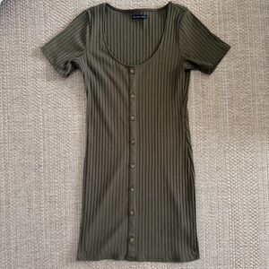 Abercrombie & Fitch Olive Ribbed Knit Bodycon Dress Button Scoop Neck Size L